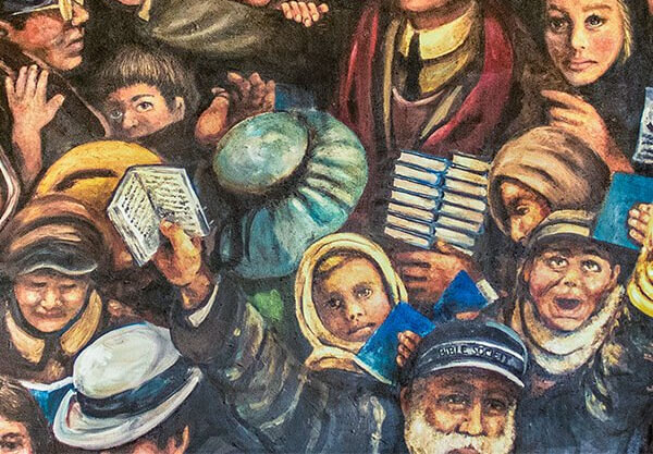 Painting of immigrants being given Bibles at Ellis Island